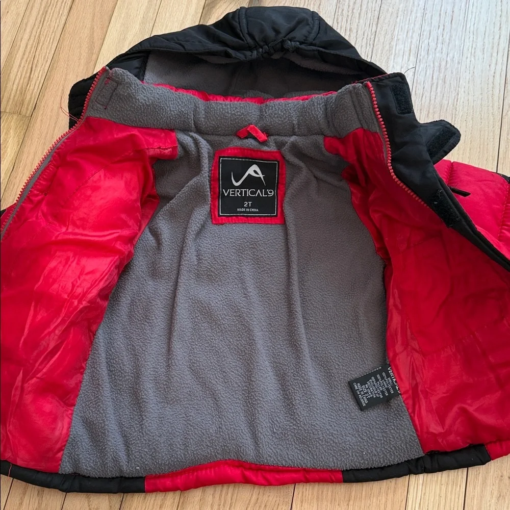 Vertical ‘9 Toddler Red and Black Hooded Fleeced Lined Puffer Jacket with Logo